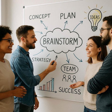 Group of business people brainstorming on a whiteboard. Brainstorming concept.