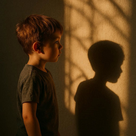 Silhouette of a boy in a dark room with a shadow