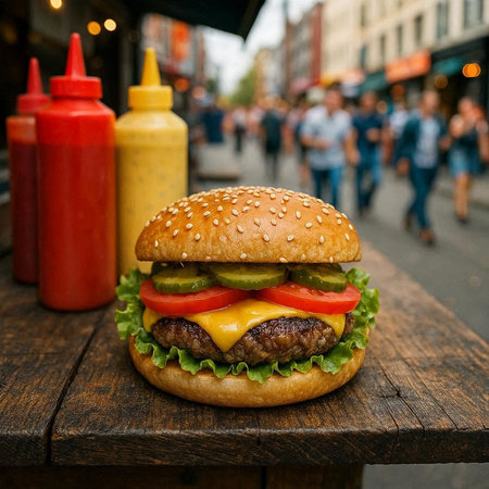 Hamburger on a wooden table in the street. Fast food