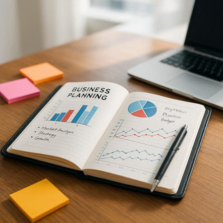 Business plan on notepad with laptop on the table, business concept