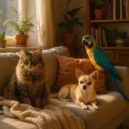 Cat, dog and a macaw are sitting on the sofa.