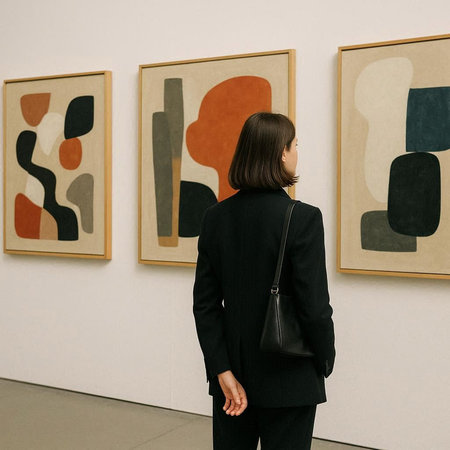 Woman looking at paintings in art gallery. Back view of woman in black suit looking at painting.