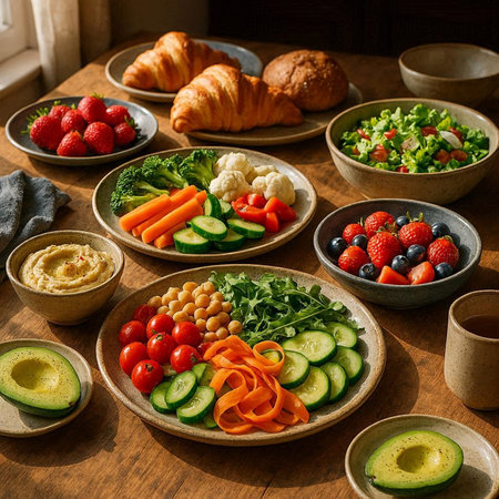 Healthy breakfast table with croissants, fruits and vegetables.