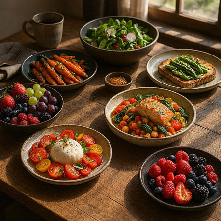 Healthy breakfast. Vegetable salad, mozzarella cheese, tomatoes, berries, spinach, arugula, olives, blackberries, chia seeds in ceramic plates on wooden table