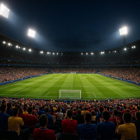 Football stadium at night. Crowd of fans watching a soccer match.