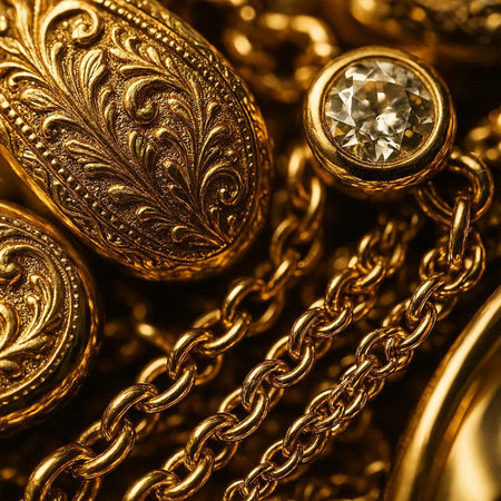 Jewelry background with gold chains and precious stones close up.