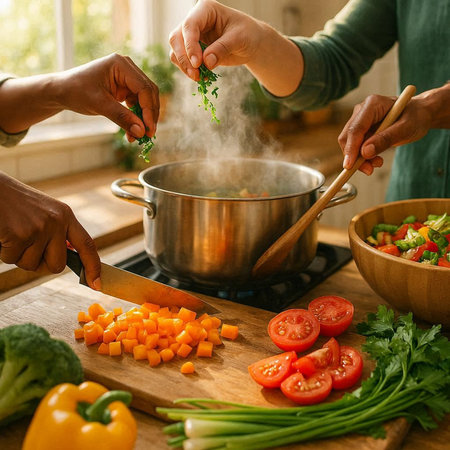 Close-up of young multiethnic couple cooking vegetables in kitchen at home