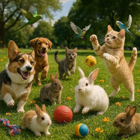 Group of pets playing in the grass with a ball and a toy