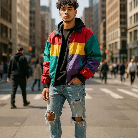 Handsome young man in colorful jacket and jeans posing on the street