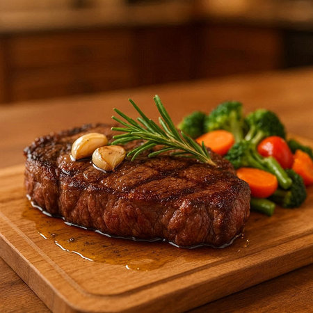 Grilled beef steak with rosemary and vegetables on a wooden board