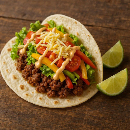 Mexican tacos with beef and vegetables on wooden background. Top view
