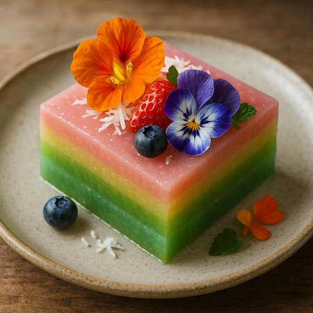 Rainbow cake decorated with edible flowers and berries. Selective focus.