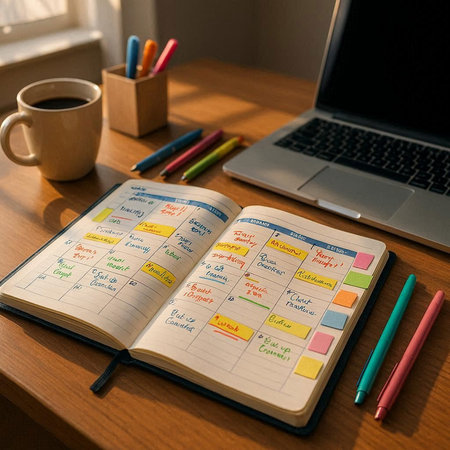 Calendar planner with a cup of coffee and laptop on the table
