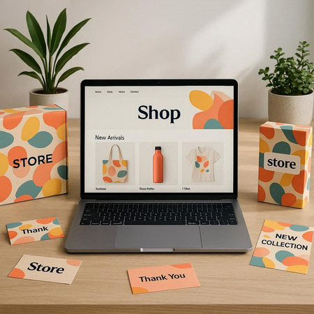 Illustration of shopping online on laptop with sale tags on the screen