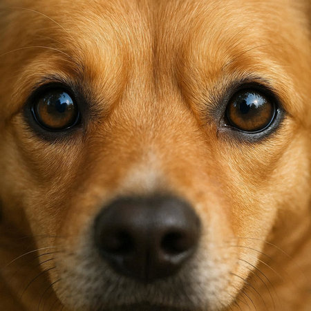 Close up portrait of a cute dog with brown eyes looking at the camera
