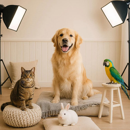 Golden Retriever, a cat and a dog in a studio