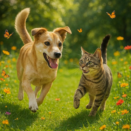 Cat and dog running together in the meadow with flowers. Summer time.