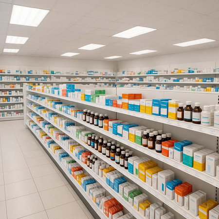 Pharmacy drugstore interior with shelves full of medicine bottles and containers