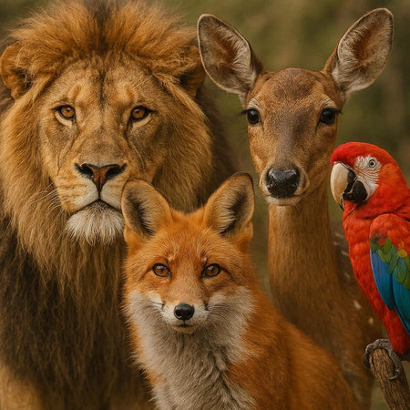 Portrait of a lion, a parrot and a red fox
