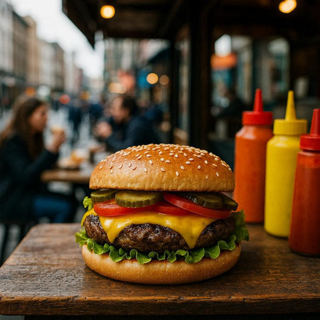 Delicious cheeseburger on a wooden board. Street food.