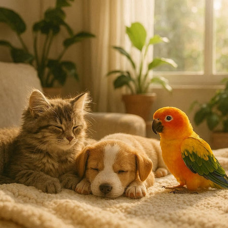 Cat and dog on the sofa with a parrot in the room
