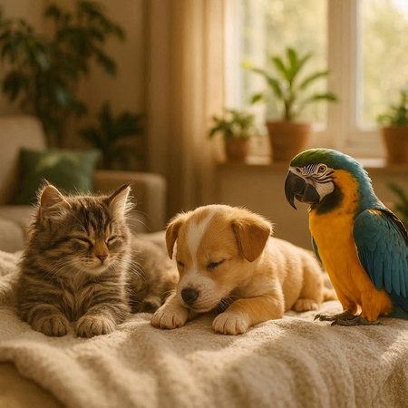 Cat and dog on the couch with a macaw and a dog