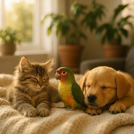 Cat and dog together on the bed at home. Pet care concept.