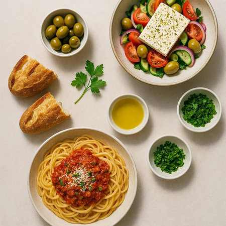 Top view of italian food. Spaghetti with tomato sauce, olives, parsley, bread and olive oil.