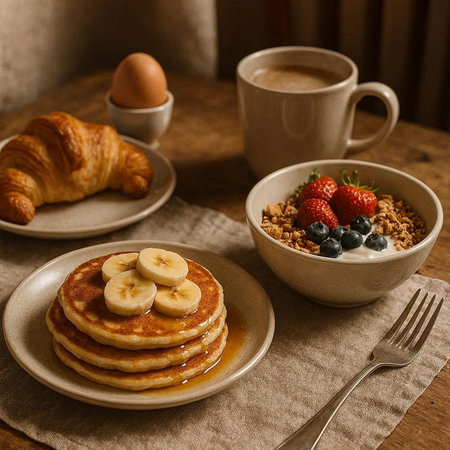 Breakfast with oatmeal, berries, croissants and coffee