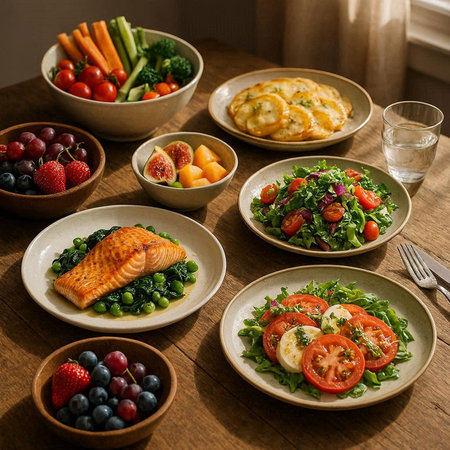 Healthy breakfast with salmon, fresh vegetables and fruits on wooden table