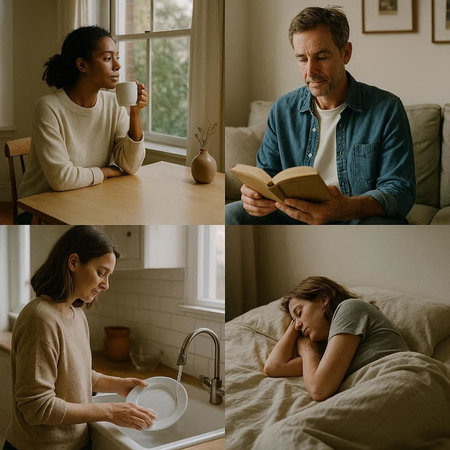 Collage of a woman reading a book with her husband in the background