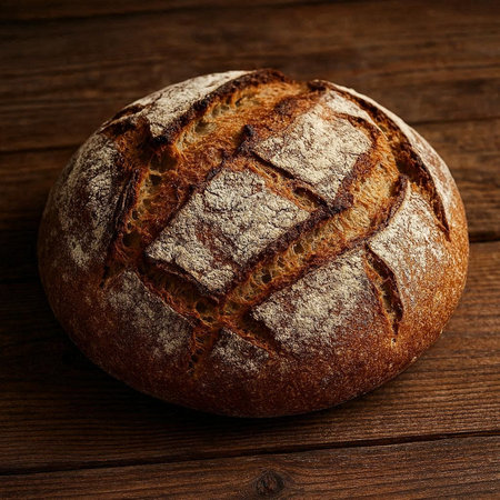 Freshly baked bread on a wooden table. Close-up.