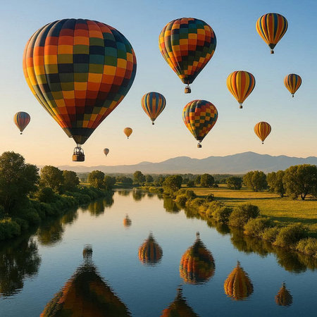 Hot air balloons flying over the river at sunrise. 3d illustration