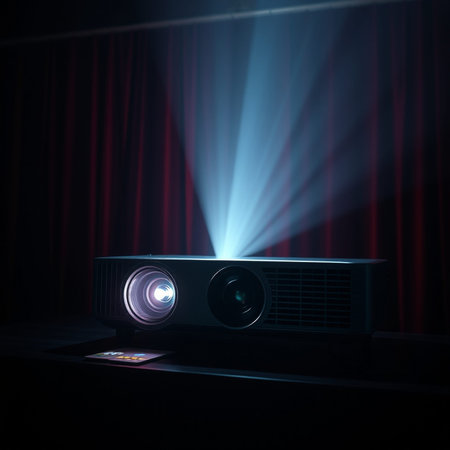projector and projector on stage with red curtains, 3d render