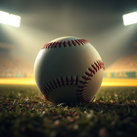 Baseball ball on the field with spotlights. 3D rendering