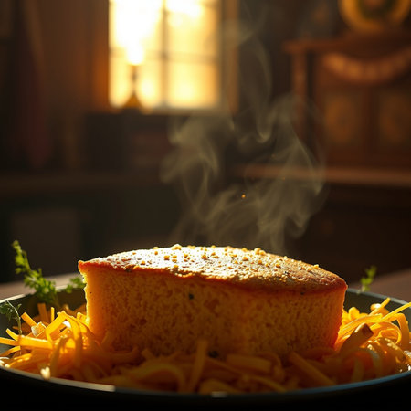A piece of casserole with herbs on a dark background. Selective focus.