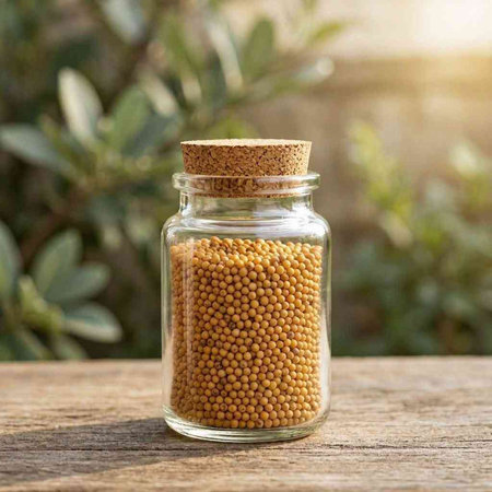 Mustard seeds in glass jar on wooden table. Natural background.