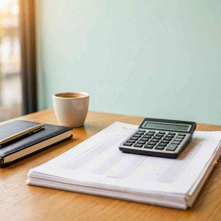 Calculator and notebook with coffee cup on the wooden table.