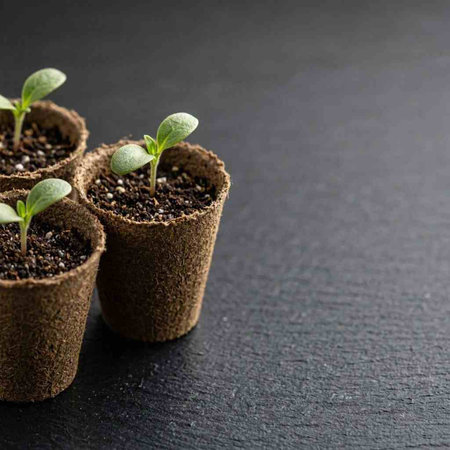 Young green seedlings in peat pots on a black stone background