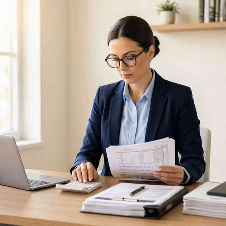 Young businesswoman working on laptop at desk in office, copy space