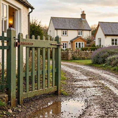 The entrance to a small cottage in the countryside with a wooden gate