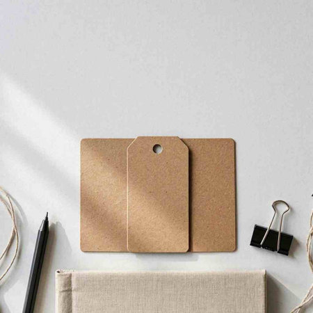 Blank paper price tags and stationery on white background. Mockup for branding identity.