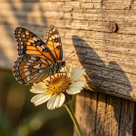 Butterfly on a daisy flower in the morning sunlight.
