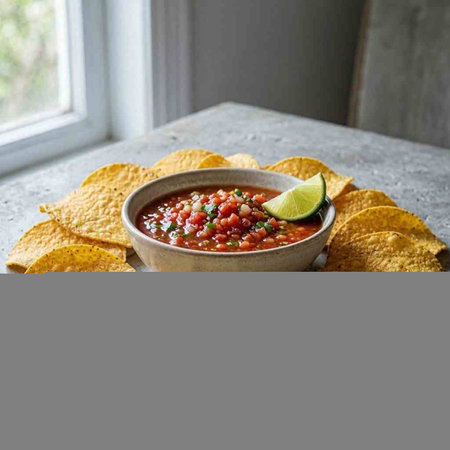 Traditional mexican salsa with tortilla chips on the table.