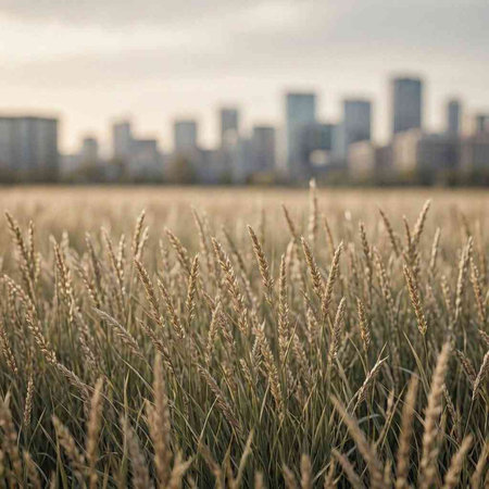 Wheat field with city in the background. Shallow depth of field.