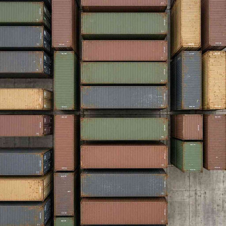 Aerial view of a cargo container in a large container terminal.