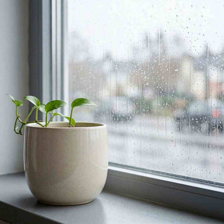 Plant in a white pot on the windowsill with raindrops