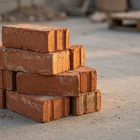 Stack of red bricks on the floor in a construction site. Building materials.