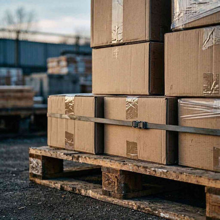 Pile of cardboard boxes on a pallet in a warehouse.