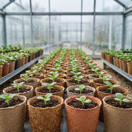 Young seedlings in peat pots on the windowsill of a greenhouse